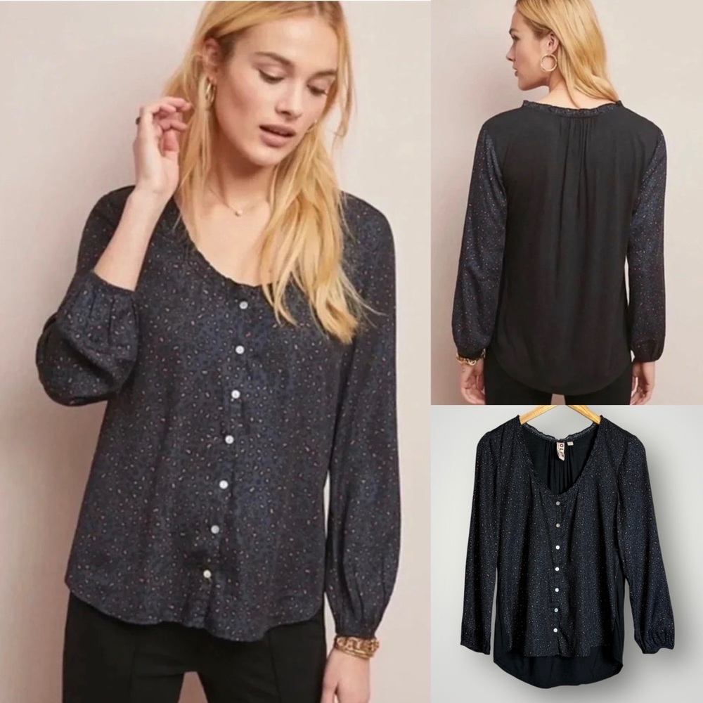 Anthropologie Dolan Marilyn Contrast Blouse Size Medium Leopard Print Button Up